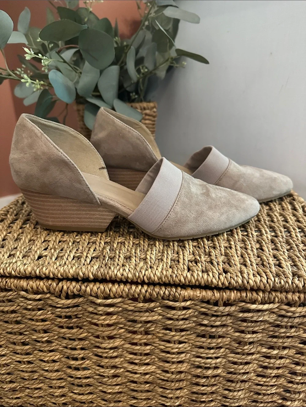 Eileen Fisher Hilly D’Orsay 7 tan suede mesh slip on 2” heel wedge shoes